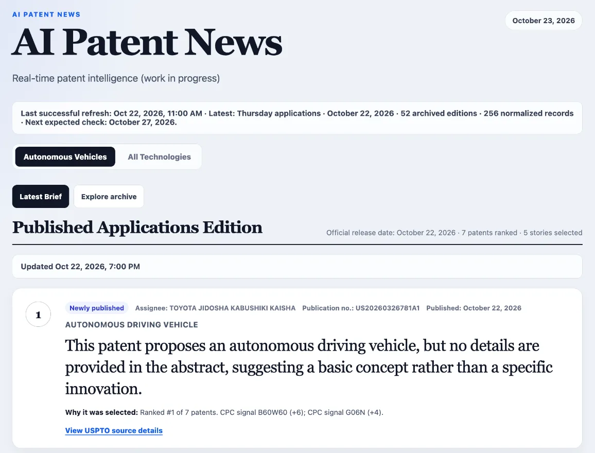 AI Patent News edition ranking newly published autonomous vehicle patents