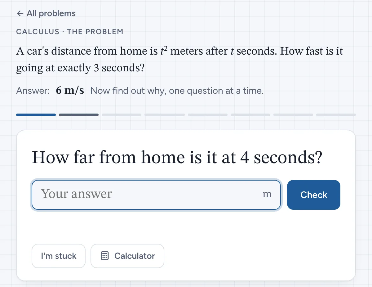 One Question Math lesson: after answering 9 meters at 3 seconds, the next question asks how far the car is at 4 seconds